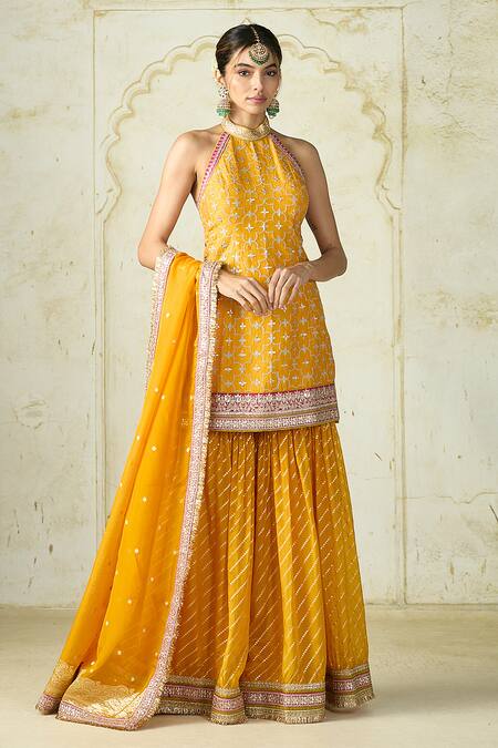 Shop Gopi Vaid Mustard Tussar, Organza Embroidery, Zari, Sequins Halter Kurta And Sharara Set Shop_Gopi Vaid_Mustard Tussar, Organza Embroidery, Zari, Sequins Halter Kurta And Sharara Set