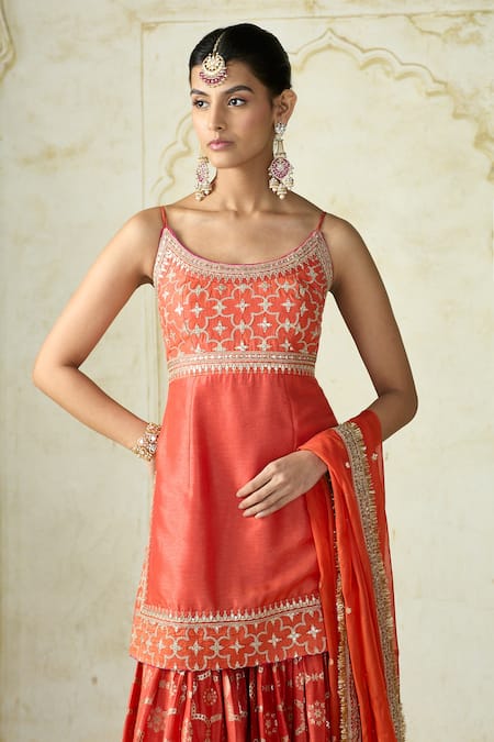 Shop Gopi Vaid Orange Tussar, Organza Embroidery, Zari, Gota Patti Round Kurta And Sharara Set Shop_Gopi Vaid_Orange Tussar, Organza Embroidery, Zari, Gota Patti Round Kurta And Sharara Set