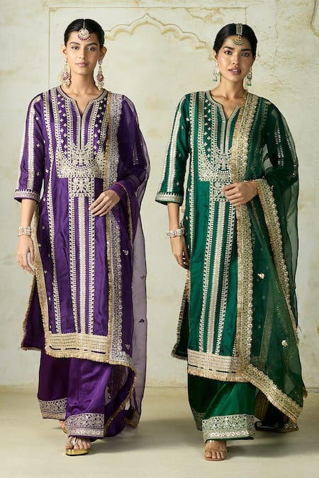 Buy_Gopi Vaid_Green Tussar, Satin, Organza Zari, Embroidery Split V-neck Kurta Palazzo Set 