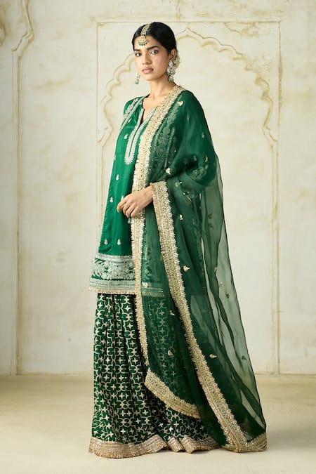 Buy_Gopi Vaid_Green Tussar, Organza Embroidery, Zari Split Kurta And Sharara Set With Dupatta 