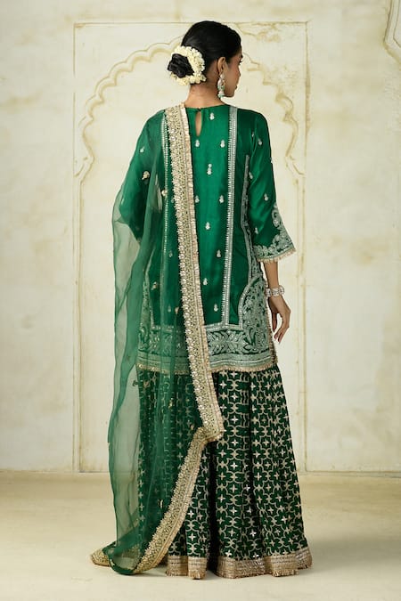 Shop_Gopi Vaid_Green Tussar, Organza Embroidery, Zari Split Kurta And Sharara Set With Dupatta 