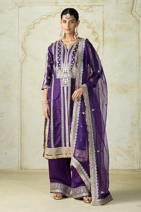 Gopi Vaid_Purple Tussar, Satin, Organza Embroidery, Zari Split V-neck Kurta Palazzo Set _at_Aza_Fashions