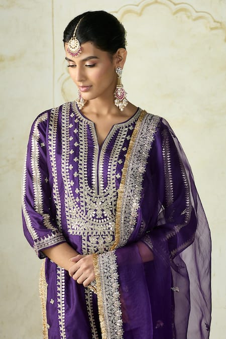 Buy_Gopi Vaid_Purple Tussar, Satin, Organza Embroidery, Zari Split V-neck Kurta Palazzo Set 