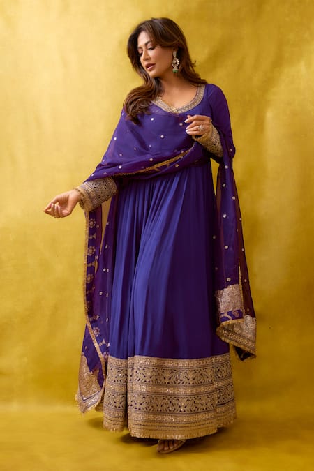 Buy_Gopi Vaid_Purple Chiffon, Lycra, Brocade Embroidery, Zari Anarkali Churidar And Dupatta Set 