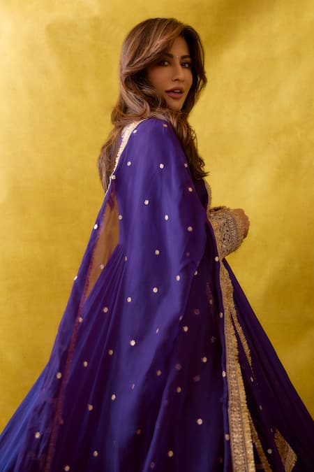 Shop_Gopi Vaid_Purple Chiffon, Lycra, Brocade Embroidery, Zari Anarkali Churidar And Dupatta Set 
