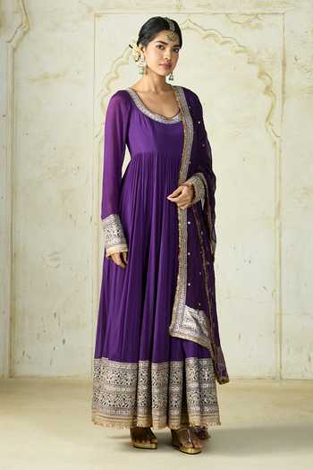 Buy Gopi Vaid Purple Chiffon, Lycra, Brocade Embroidery, Zari Anarkali Churidar And Dupatta Set Buy_Gopi Vaid_Purple Chiffon, Lycra, Brocade Embroidery, Zari Anarkali Churidar And Dupatta Set