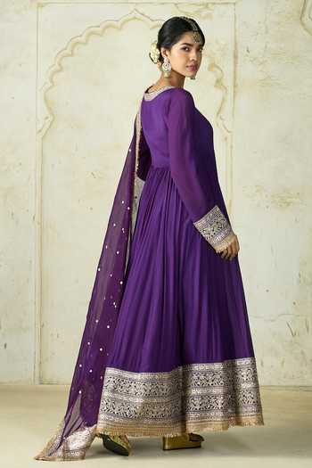 Shop Gopi Vaid Purple Chiffon, Lycra, Brocade Embroidery, Zari Anarkali Churidar And Dupatta Set Shop_Gopi Vaid_Purple Chiffon, Lycra, Brocade Embroidery, Zari Anarkali Churidar And Dupatta Set