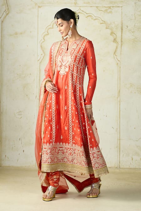 Shop_Gopi Vaid_Orange Tussar, Brocade, Organza Embroidery, Zari Anarkali Churidar And Dupatta Set 