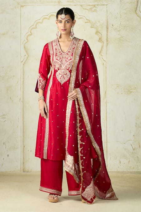 Gopi Vaid Embroidered Tussar Kurta Palazzo & Dupatta Set 