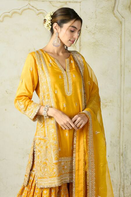 Shop Gopi Vaid Mustard Tussar, Organza Embroidery, Zari Split Kurta Sharara And Dupatta Set Shop_Gopi Vaid_Mustard Tussar, Organza Embroidery, Zari Split Kurta Sharara And Dupatta Set