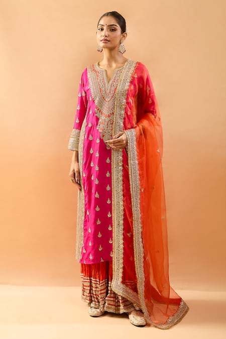 Buy_Gopi Vaid_Rose Gold Tussar, Shantoon, Organza Embroidery, Zari Kurta And Semi Silk Sharara 
