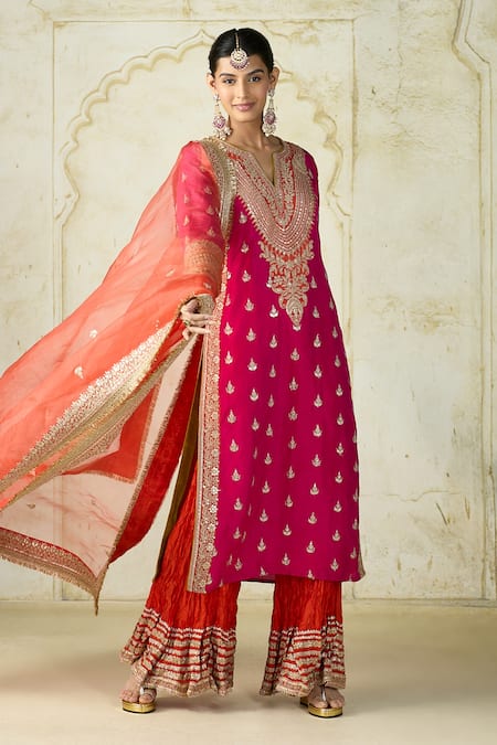 Shop_Gopi Vaid_Rose Gold Tussar, Shantoon, Organza Embroidery, Zari Kurta And Semi Silk Sharara 