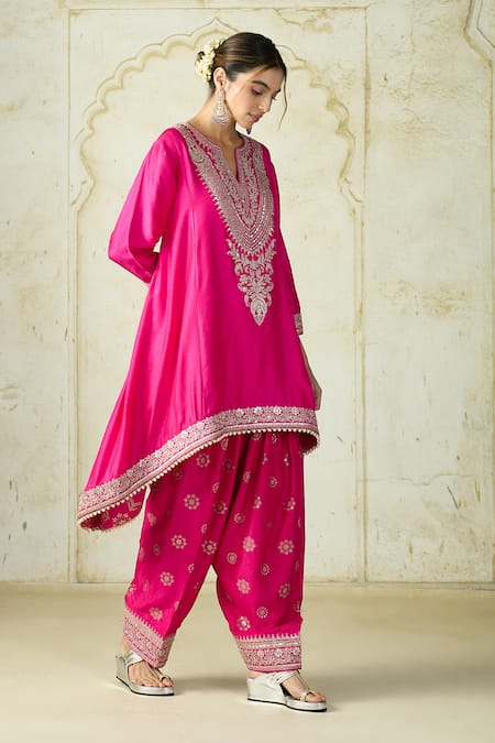 Buy_Gopi Vaid_Pink Tussar Embroidery, Zari V-neck Asymmetric Kurta And Farshi Salwar 