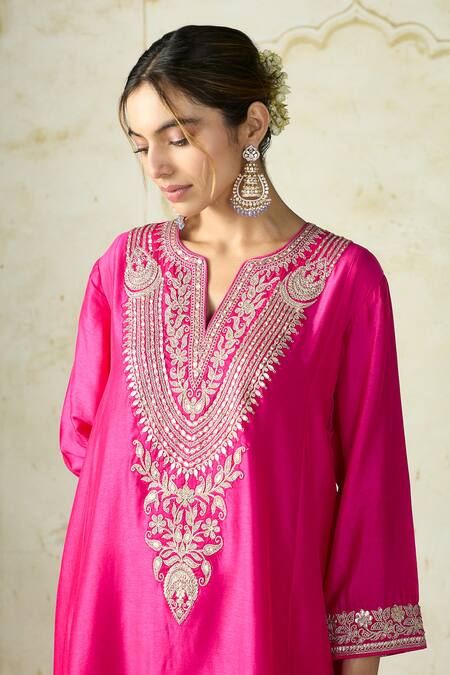 Shop_Gopi Vaid_Pink Tussar Embroidery, Zari V-neck Asymmetric Kurta And Farshi Salwar 