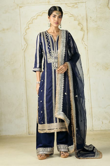 Gopi Vaid Embroidered Tussar Kurta Palazzo Dupatta Set 