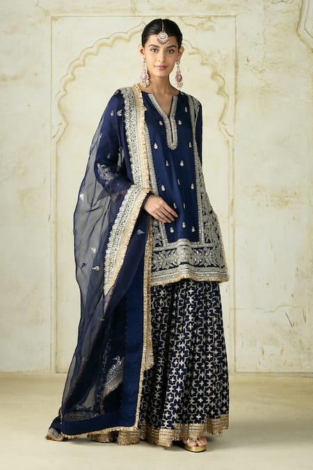 Shop_Gopi Vaid_Blue Tussar, Organza Embroidery, Zari, Sequins Split Kurta Sharara And Dupatta Set 
