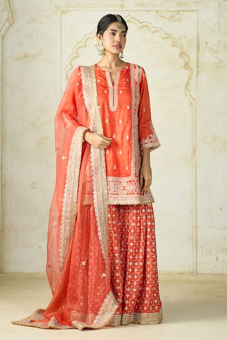 Gopi Vaid Embroidered Tussar Kurta Sharara & Organza Dupatta 