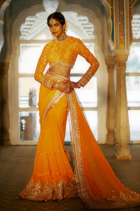 Gopi Vaid Embroidered Tiered Saree & Padded Blouse 