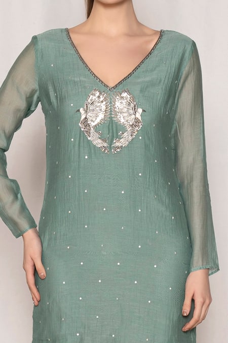 Amrta By Guneet Kondal_Blue Cotton, Silk, Viscose Beads, Zari V-neck Bird Embroidered Short Dress _Online_at_Aza_Fashions