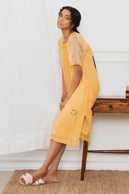 Dhaari_Orange Cotton Silk Kantha Square Neck Handwoven Smocked Tunic _Online_at_Aza_Fashions