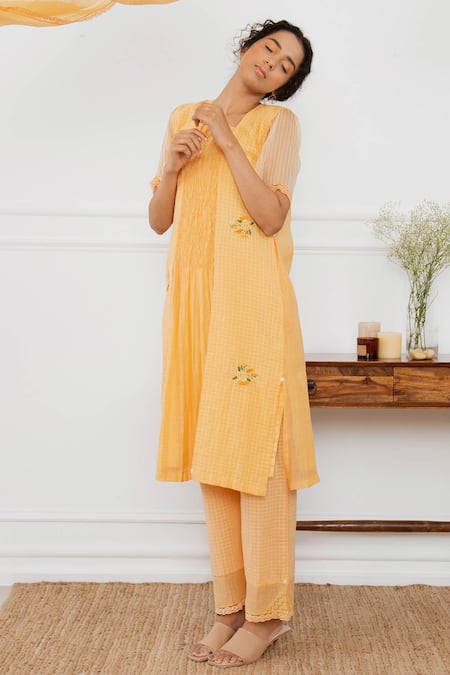 Buy_Dhaari_Orange Cotton Silk Kantha Square Neck Handwoven Smocked Tunic _Online_at_Aza_Fashions