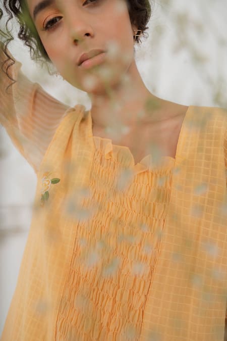 Shop_Dhaari_Orange Cotton Silk Kantha Square Neck Handwoven Smocked Tunic _Online_at_Aza_Fashions