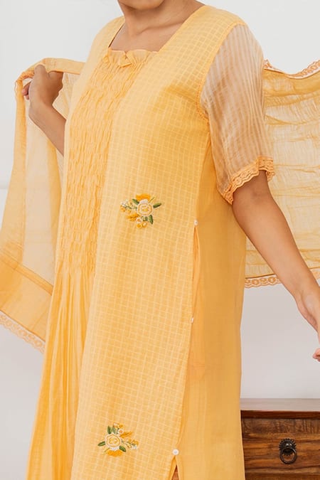 Dhaari_Orange Cotton Silk Kantha Square Neck Handwoven Smocked Tunic _at_Aza_Fashions