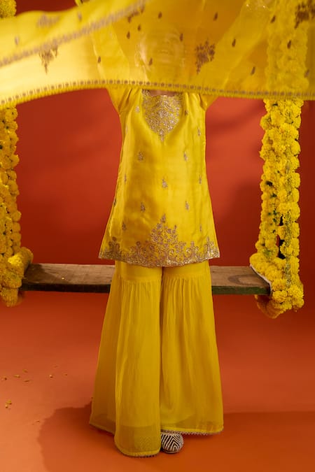 Buy Petite Pomme Yellow Satin, Organza Embroidery Kurta Set Buy_Petite Pomme_Yellow Satin, Organza Embroidery Kurta Set