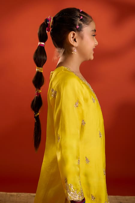 Shop Petite Pomme Yellow Satin, Organza Embroidery Kurta Set Shop_Petite Pomme_Yellow Satin, Organza Embroidery Kurta Set