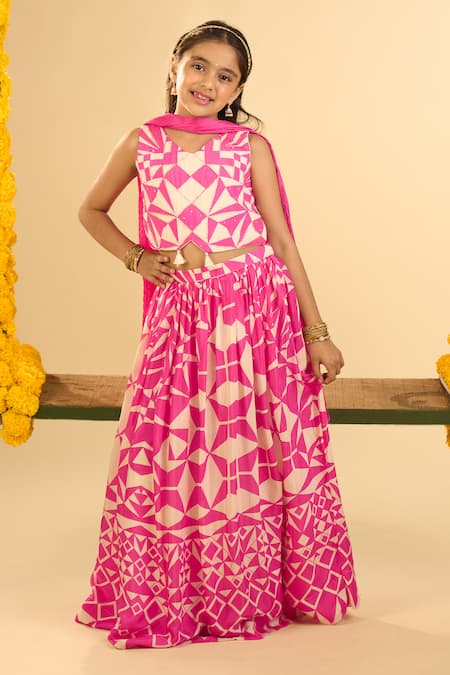 Petite Pomme Pink Muslin, Chinon Tassels Geometric Hand Work Lehenga Set at Aza Fashions Petite Pomme_Pink Muslin, Chinon Tassels Geometric Hand Work Lehenga Set _at_Aza_Fashions