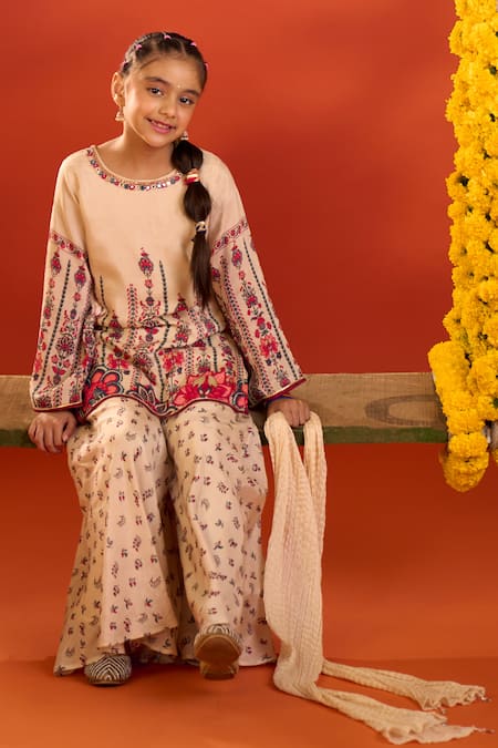 Shop Petite Pomme Cream Muslin, Chinon Embroidery Hand Work Kurta Sharara Set Online at Aza Fashions Shop_Petite Pomme_Cream Muslin, Chinon Embroidery Hand Work Kurta Sharara Set _Online_at_Aza_Fashions