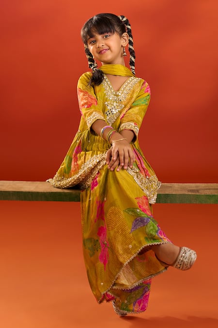 Shop Petite Pomme Mustard Viscose, Chinon, Chiffon Embroidery, Sequins Hand Work Kurta Sharara Set Online at Aza Fashions Shop_Petite Pomme_Mustard Viscose, Chinon, Chiffon Embroidery, Sequins Hand Work Kurta Sharara Set _Online_at_Aza_Fashions