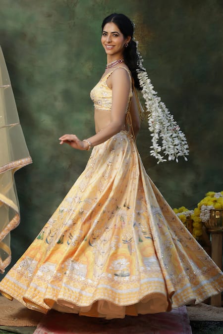 Shop_Archana Kochhar_Yellow Silk, Net Embroidery, Sequins, Beads, Pearls, Floral Pattern Lehenga Set _Online_at_Aza_Fashions