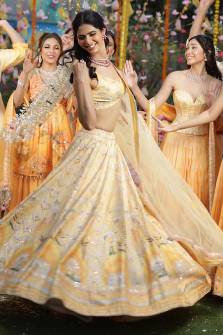 Archana Kochhar_Yellow Silk, Net Embroidery, Sequins, Beads, Pearls, Floral Pattern Lehenga Set _at_Aza_Fashions