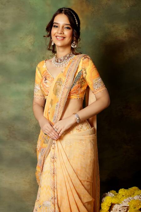 Shop_Archana Kochhar_Yellow Georgette Sequins, Beads, Pearls, Embroidered Pre-draped Saree Set _Online_at_Aza_Fashions