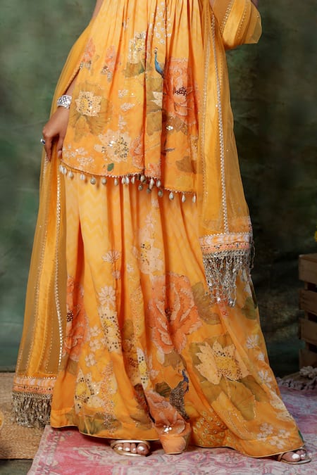 Shop_Archana Kochhar_Yellow Georgette, Net Sequins, Beads, Pearls V-neck Kurta Sharara Set _Online_at_Aza_Fashions