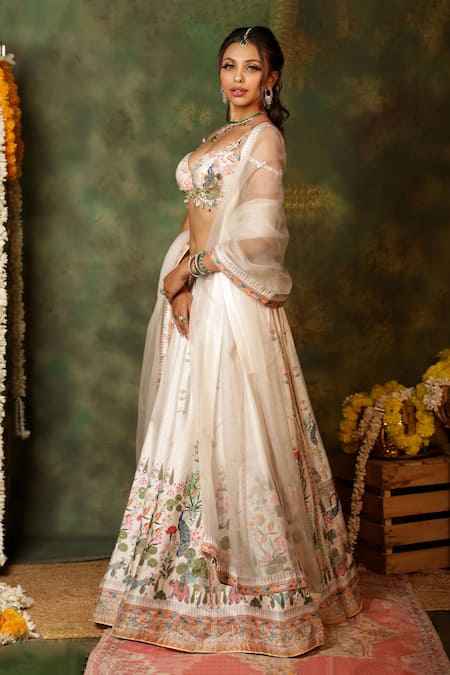 Shop_Archana Kochhar_Ivory Silk, Net Zari, Mirrors, Metallic Peacock Garden Pattern Lehenga Set _Online_at_Aza_Fashions