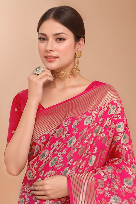 Buy Samyukta Singhania Pink Embroidery, Zari V-neck Woven Banarasi Silk Saree With Blouse Online at Aza Fashions Buy_Samyukta Singhania_Pink Embroidery, Zari V-neck Woven Banarasi Silk Saree With Blouse _Online_at_Aza_Fashions