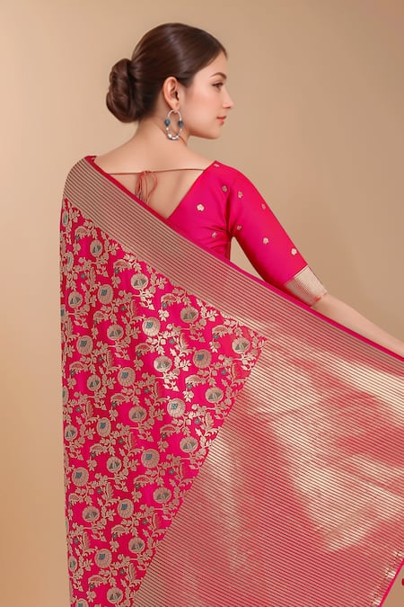 Shop Samyukta Singhania Pink Embroidery, Zari V-neck Woven Banarasi Silk Saree With Blouse Online at Aza Fashions Shop_Samyukta Singhania_Pink Embroidery, Zari V-neck Woven Banarasi Silk Saree With Blouse _Online_at_Aza_Fashions