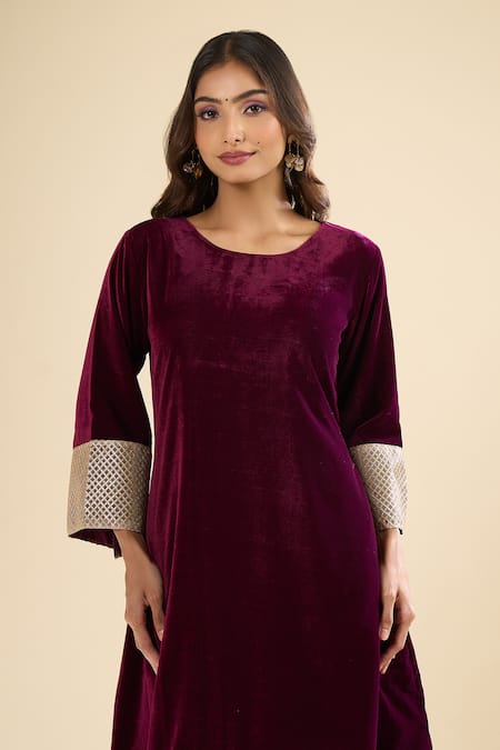 Shop Naintara Bajaj Maroon Velvet Lace Round Neck Work Kurta And Pant Set Online at Aza Fashions Shop_Naintara Bajaj_Maroon Velvet Lace Round Neck Work Kurta And Pant Set _Online_at_Aza_Fashions
