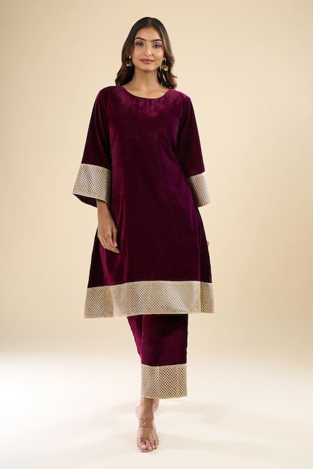 Naintara Bajaj Maroon Velvet Lace Round Neck Work Kurta And Pant Set at Aza Fashions Naintara Bajaj_Maroon Velvet Lace Round Neck Work Kurta And Pant Set _at_Aza_Fashions