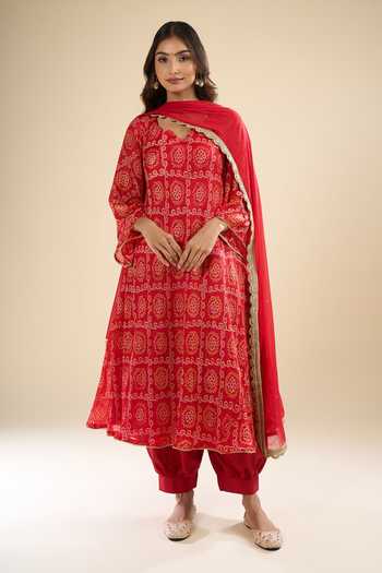 Buy Khwaab By Sanjana Lakhani Red Silk Zari V-neck Printed Kurta Set Online at Aza Fashions Buy_Khwaab By Sanjana Lakhani_Red Silk Zari V-neck Printed Kurta Set _Online_at_Aza_Fashions