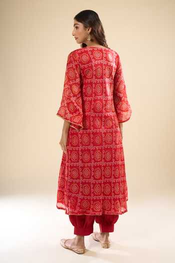 Khwaab By Sanjana Lakhani Red Silk Zari V-neck Printed Kurta Set Online at Aza Fashions Khwaab By Sanjana Lakhani_Red Silk Zari V-neck Printed Kurta Set _Online_at_Aza_Fashions