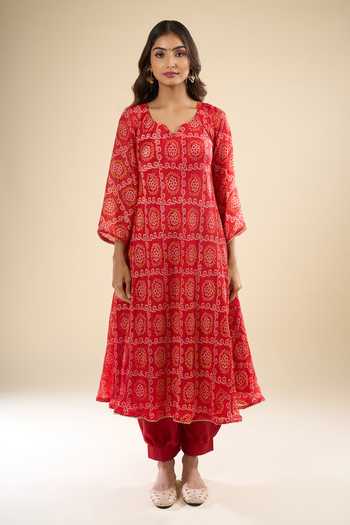 Buy Khwaab By Sanjana Lakhani Red Silk Zari V-neck Printed Kurta Set Buy_Khwaab By Sanjana Lakhani_Red Silk Zari V-neck Printed Kurta Set