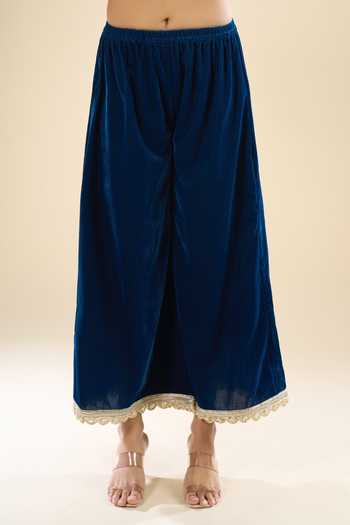 Buy_Khwaab By Sanjana Lakhani_Blue Velvet Lace V-neck Work Kurta Set _Online_at_Aza_Fashions