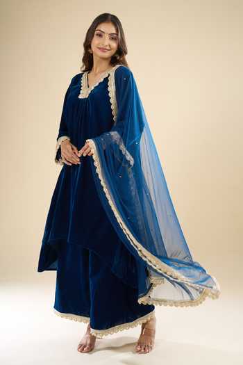 Shop_Khwaab By Sanjana Lakhani_Blue Velvet Lace V-neck Work Kurta Set _Online_at_Aza_Fashions