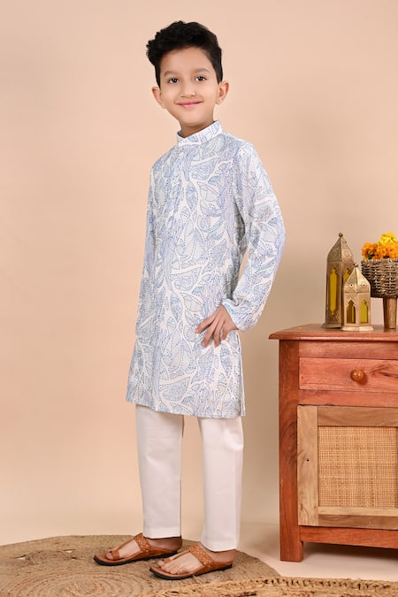 Buy_Taber Tikri_Blue Cotton Embroidery Thread Work Kurta And Pant Set _Online_at_Aza_Fashions