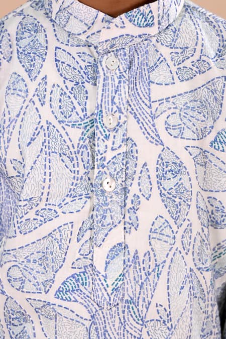 Taber Tikri_Blue Cotton Embroidery Thread Work Kurta And Pant Set _at_Aza_Fashions