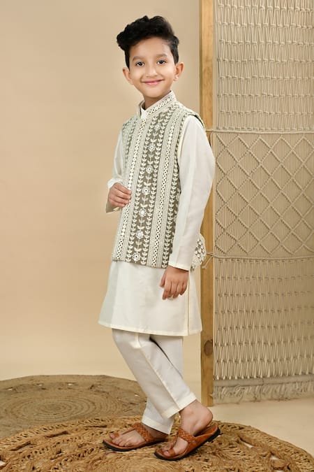 Shop_Taber Tikri_Off White Silk, Cotton Embroidery, Mirrors Faux Work Bundi And Kurta Set _Online_at_Aza_Fashions