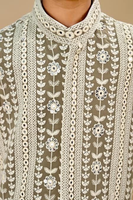 Buy_Taber Tikri_Off White Silk, Cotton Embroidery, Mirrors Faux Work Bundi And Kurta Set 